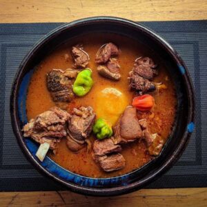Sunday Fufu and Aponkye Nkrakra 32oz bowl of flavorful goat meat light soup, served with 2 balls of Ghanaian fufu