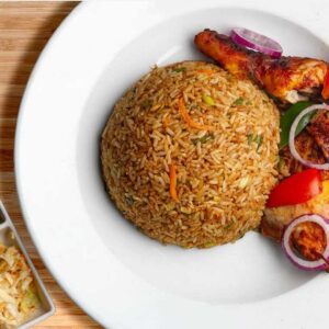 48oz bowl of Ghana Fried Rice, chicken and Salad