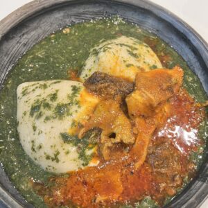 Tuo Zaafi (10 balls), Jute Leaves soup, tomato sauce with assorted meats and fried fish