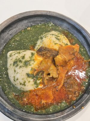 Tuo Zaafi (10 balls), Jute Leaves soup, tomato sauce with assorted meats and fried fish